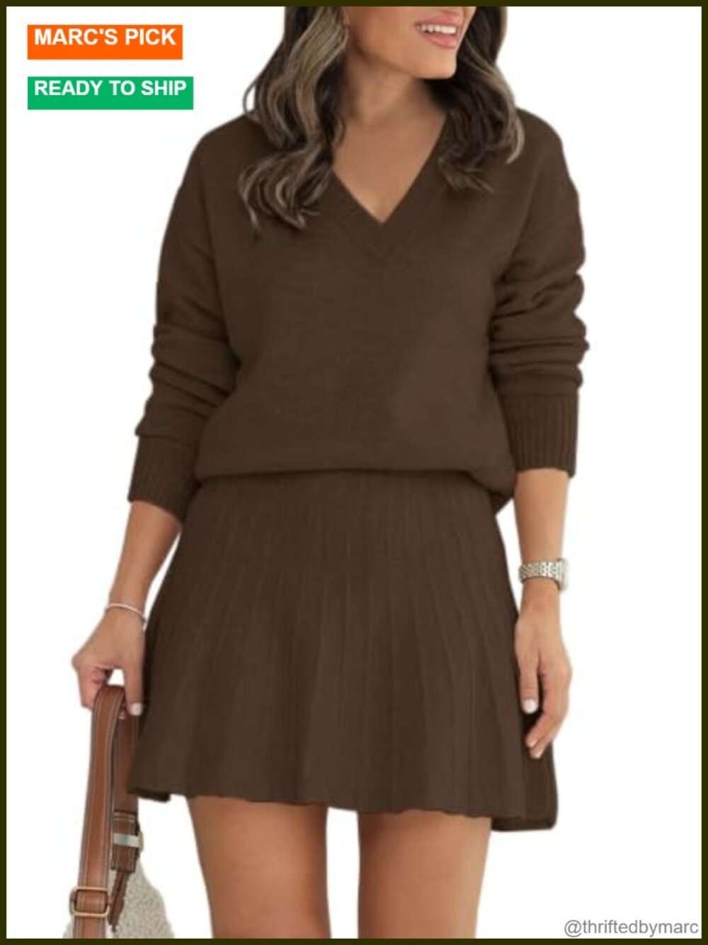 2-Piece Knit Skirt Set Long Sleeve V-Neck Pullover Sweater Pleated Mini Skirt